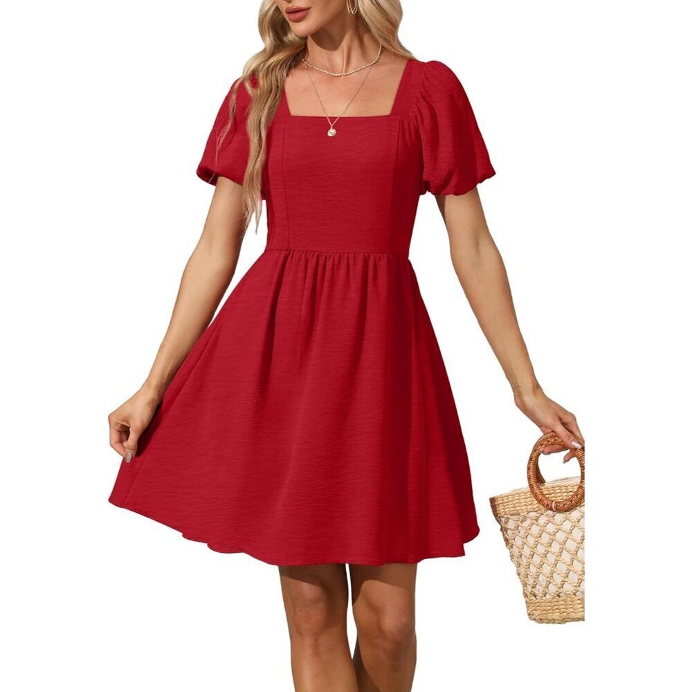 Ofeefan Women Red Puff Sleeve Square Neck Tie in Back Dresses with Zipper